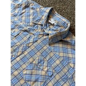 Vintage Wrangler Western Shirt Mens 3XL Short Sleeve Plaid PearlSnap Button Blue